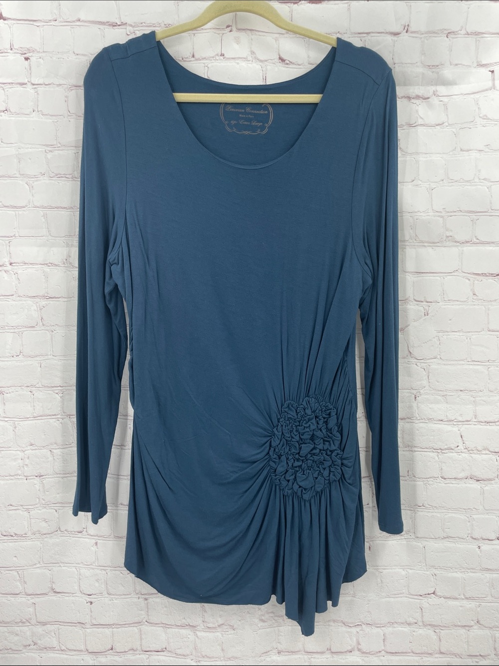 Peruvian Connection Slate Blue Long Sleeve Scoop Neck Top with Side Rosette XL